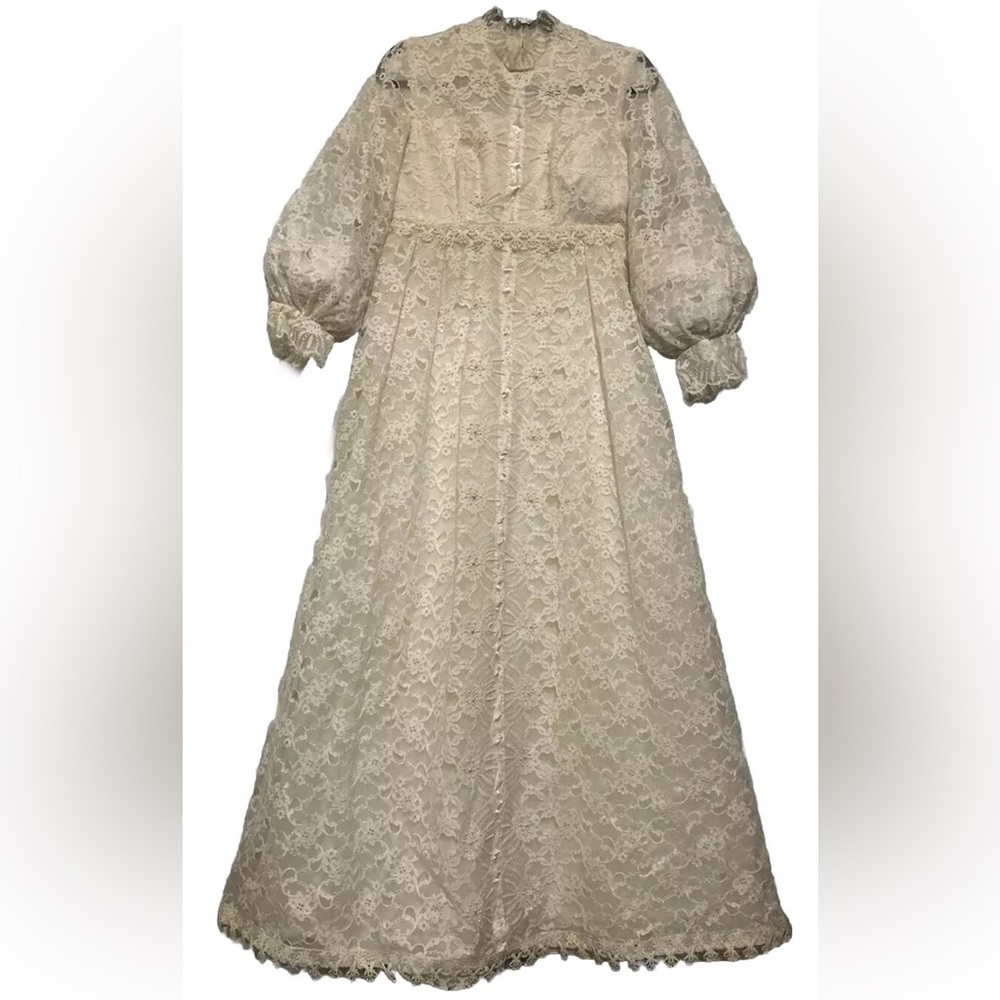 VTG Handmade Bohemian Lace Embroidered Beaded 60s Wedding Dress Fairy Coquette